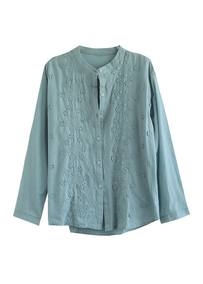 White Stand Collar Embroideried Button Cotton Shirt Long Sleeve