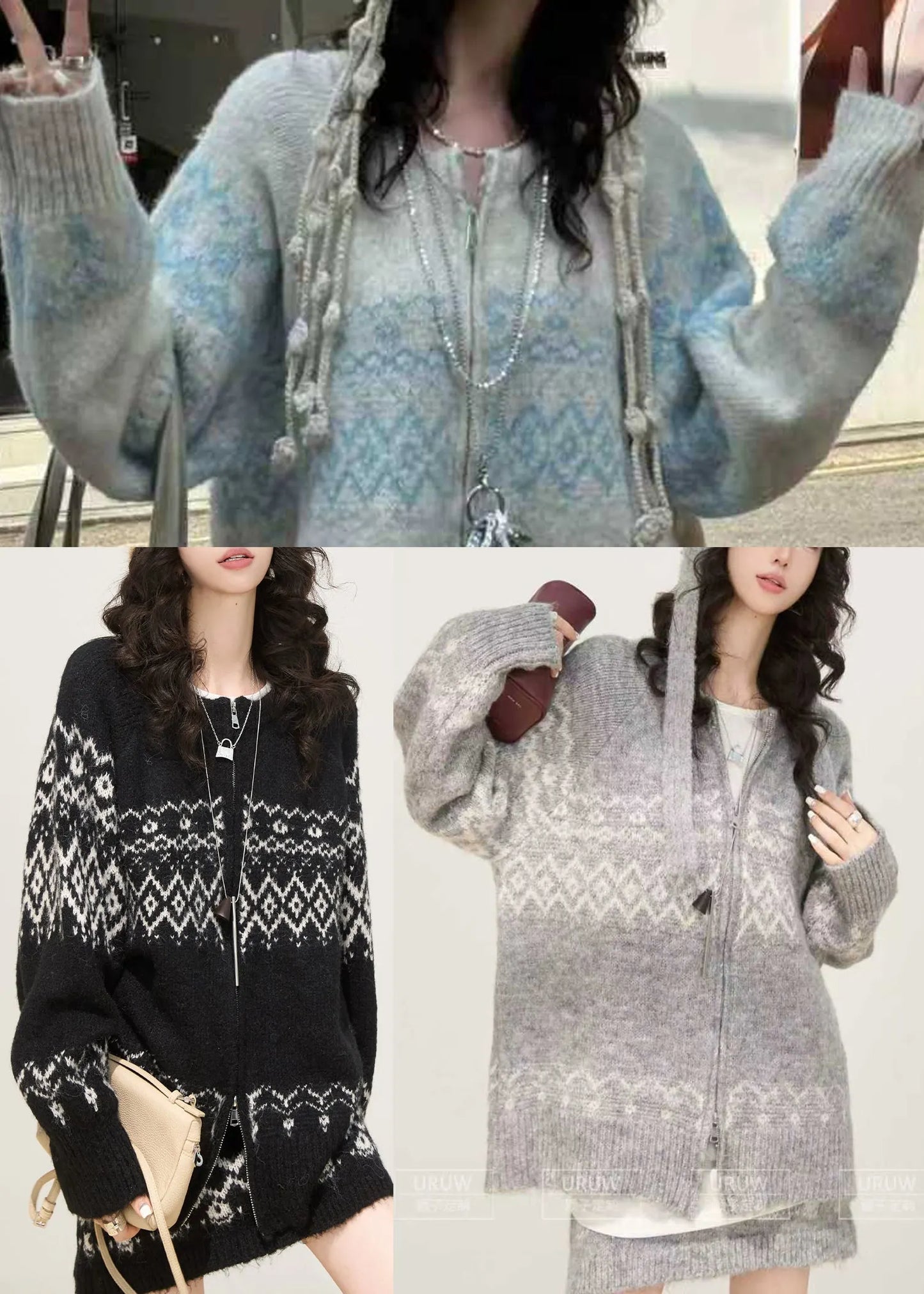 Light Blue Print Knit Two Pieces Set Zip Up Spring