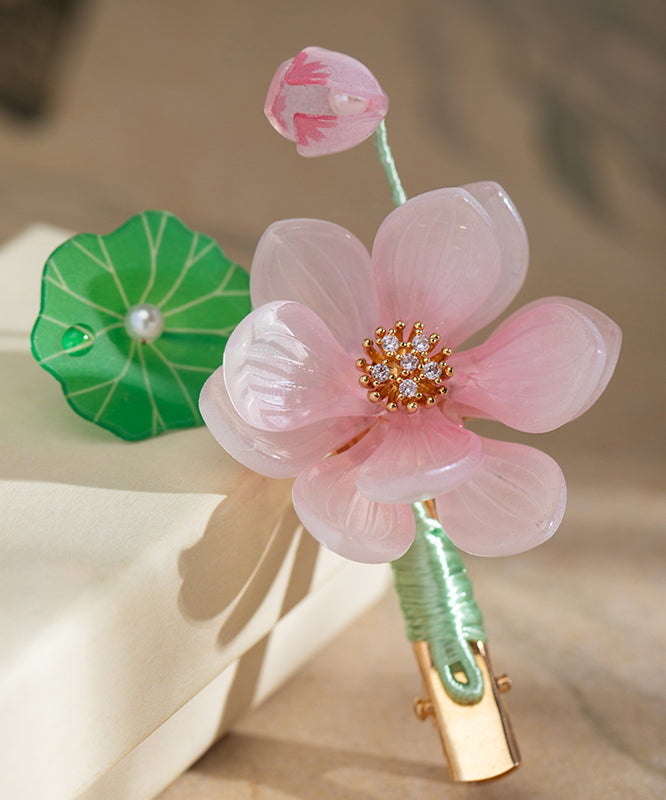 Pink Alloy Chiffon Colored Glaze Pearl Lotus Tassel Hairpin