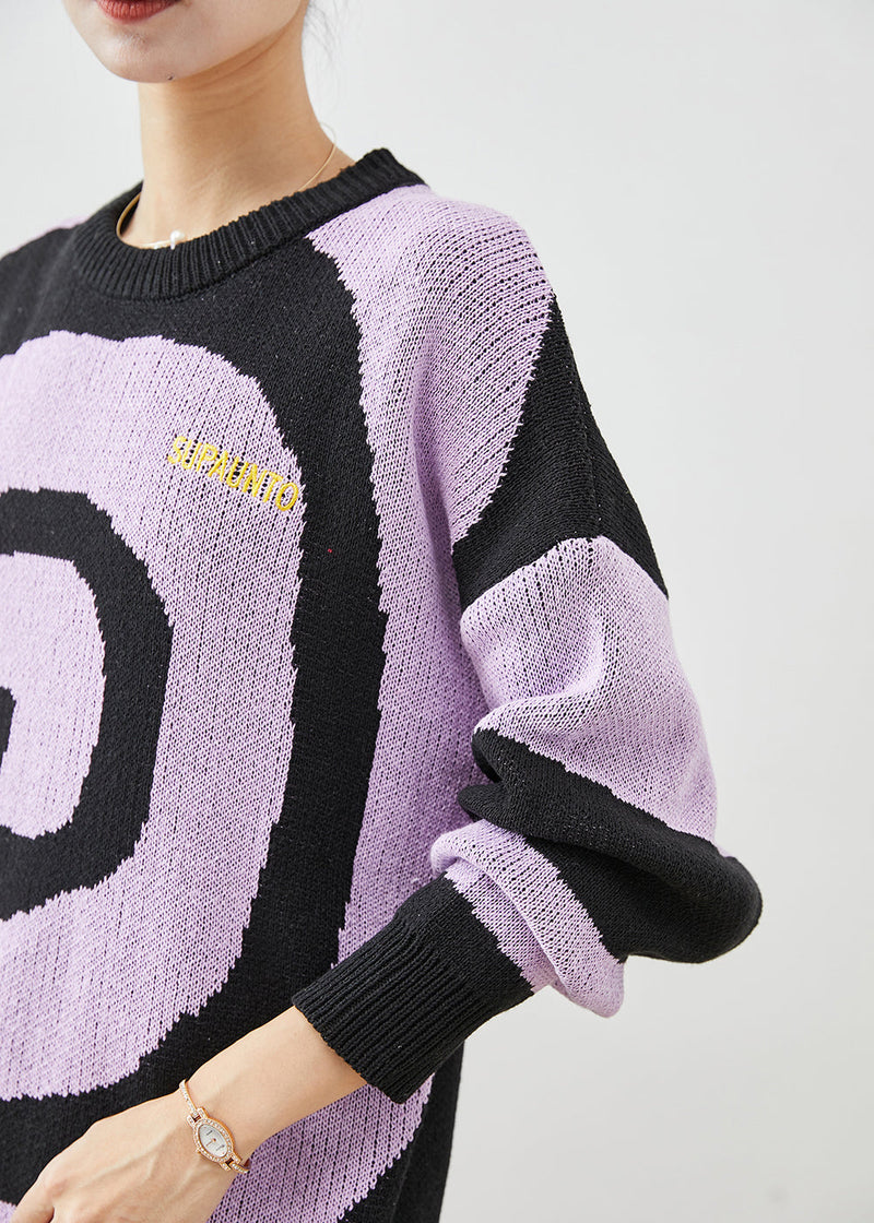 Purple Oversized Print Knit Sweaters Winter