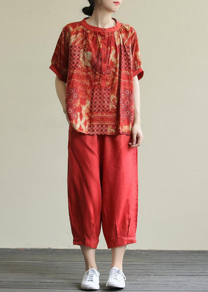 Red O-neck Button Top and Harem Pants Two Pieces Set Short Sleeve