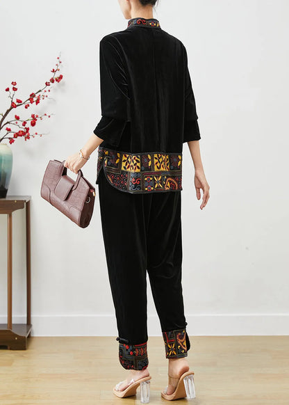 Black Embroideried Patchwork Silk Velour Two Piece Set Clothing Fall