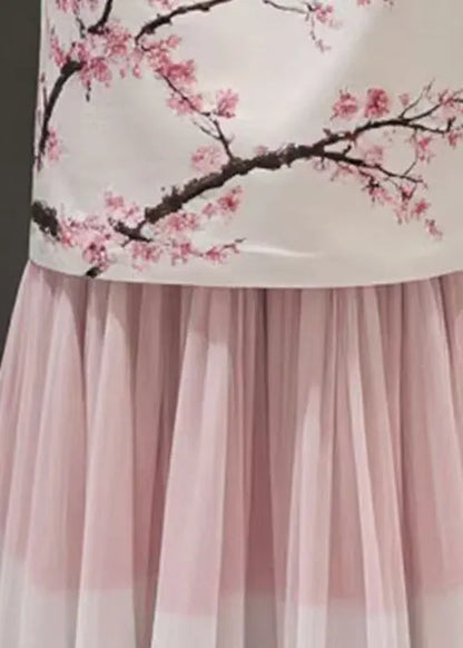 Pink Print False Two Pieces Chiffon Patchwork Skirts Summer