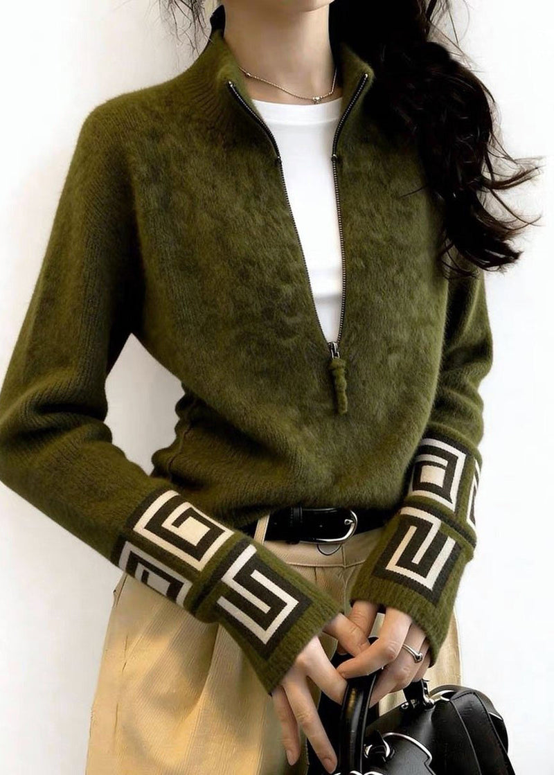 Fine Tea Green Zip Up Print Knit Sweater Tops Winter