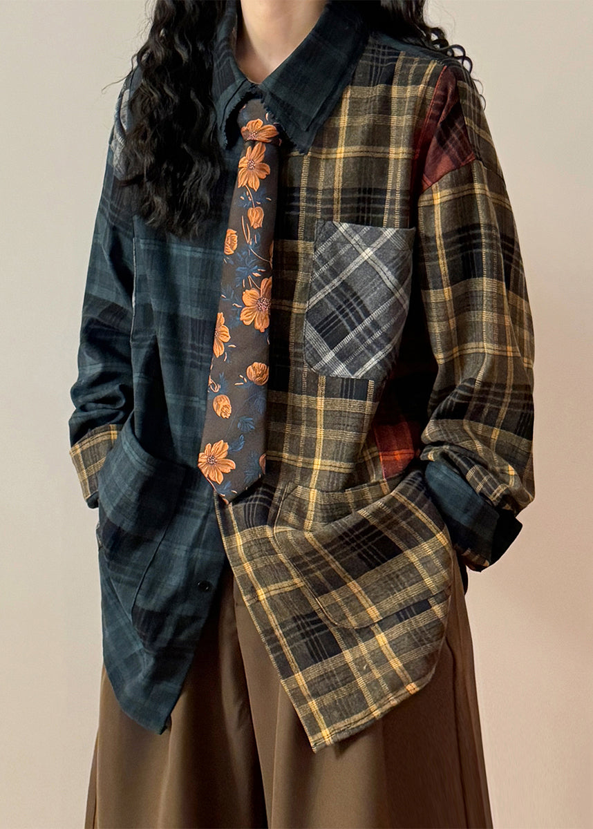 Plaid Asymmetrical Pockets Patchwork Cotton Shirt Spring