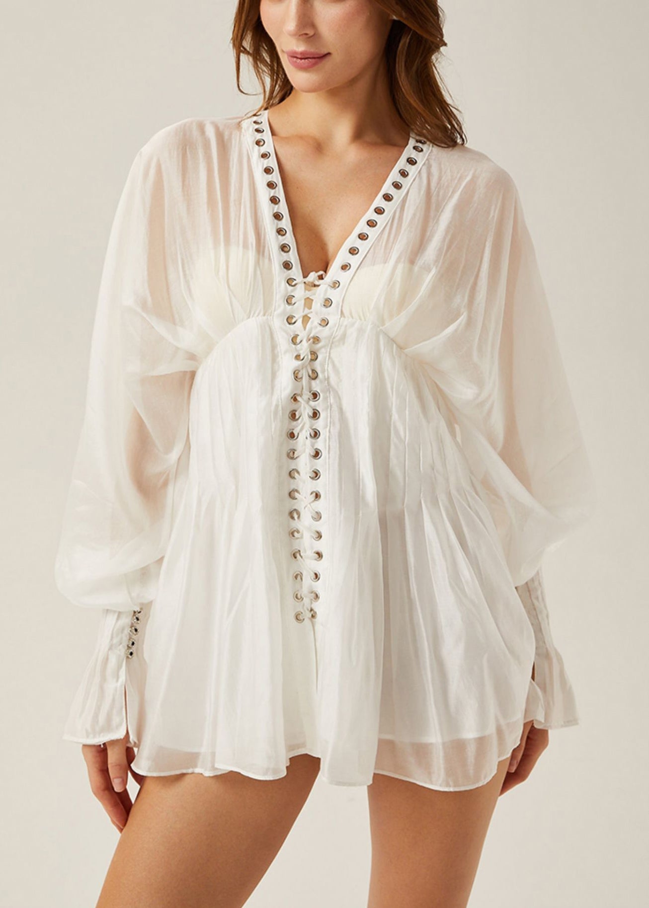 White Lace Up Hollow Out Thin Cotton Blouses Butterfly Sleeve