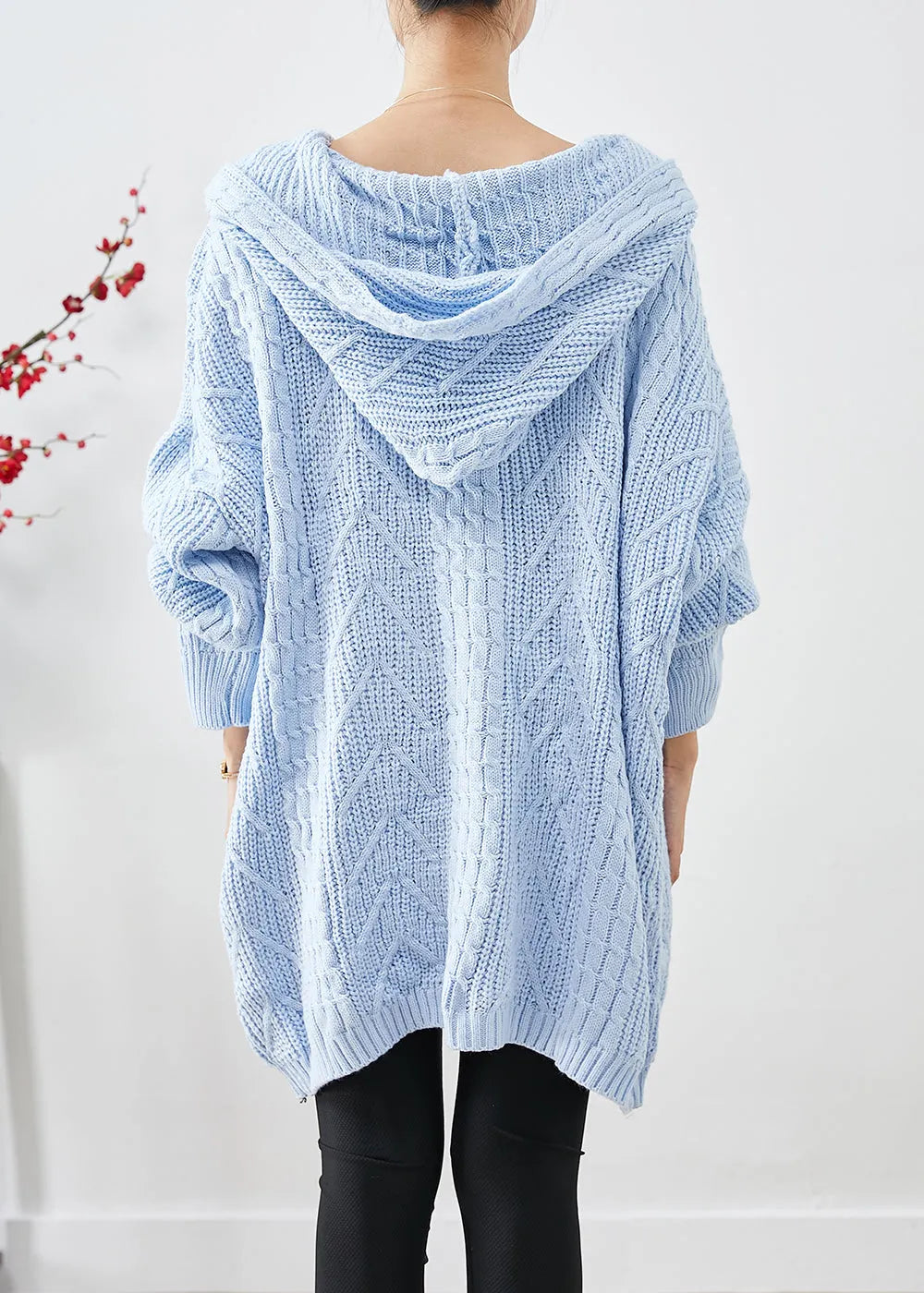 Sky Blue Hooded Oversized Knit Sweater Dress Fall