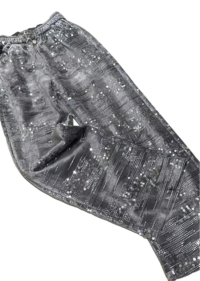 Silver Sequins Elastic Waist Straight Pants Spring
