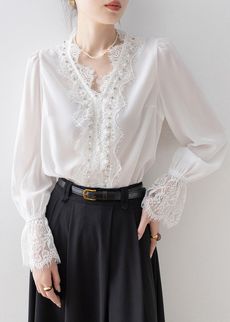 White V Neck Lace Patchwork Chiffon Top Spring