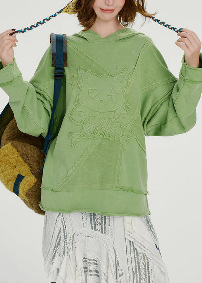 French Green Embroidered Hooded Cotton Loose Sweatshirts Top Spring