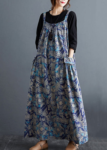 Blue Print Pockets Patchwork Cotton Long Dresses Sleeveless