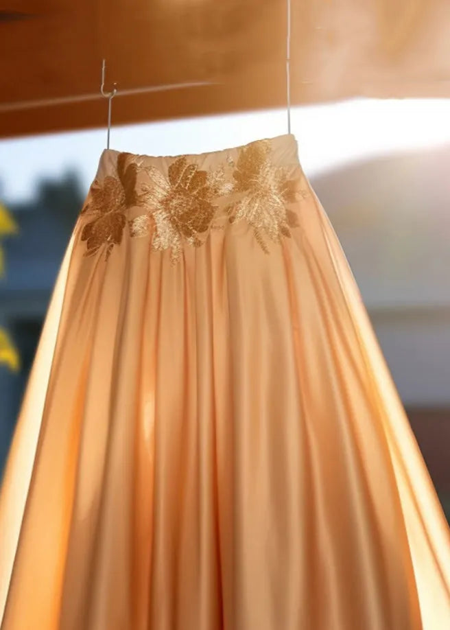 New Orange Embroidered High Waist Silk Skirt Spring