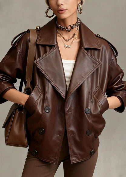 Fine Chocolate Peter Pan Collar Double Breast Sheepskin Jacket Spring