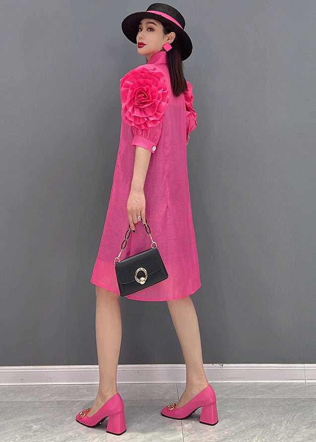 Rose Peter Pan Collar Patchwork Ruffles Silk Maxi Dresses Short Sleeve