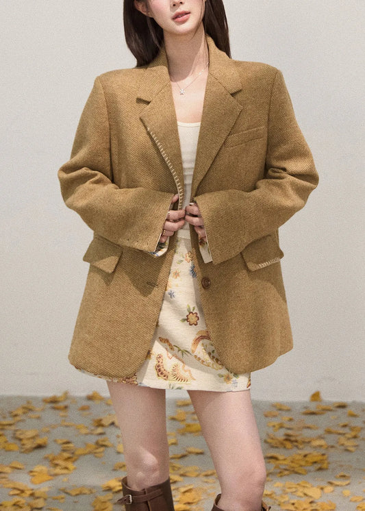 Art Khaki Notched Embroidered Cotton Coat Fall