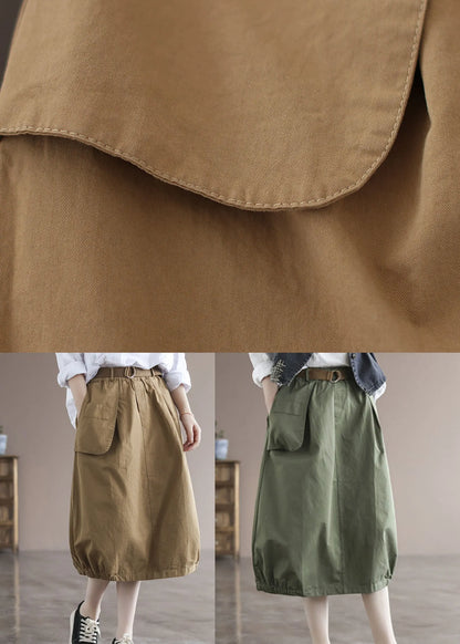 Green Patchwork Cotton Skirt High Waist Pockets Summer