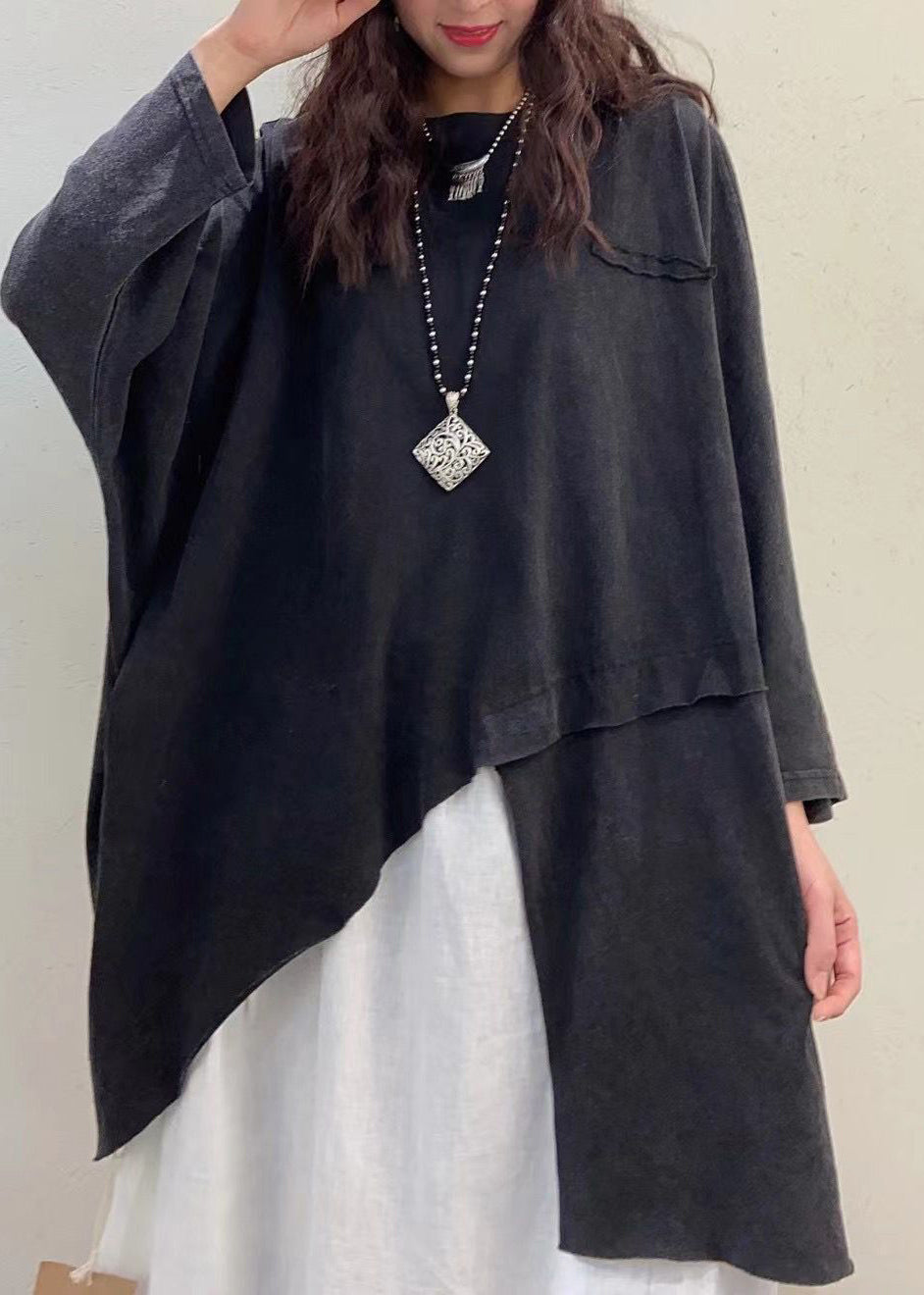 Red O-neck Asymmetrical Design Cotton Top Long Sleeve