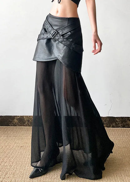 New Black High Waist Tulle Patchwork Faux Leather Skirt Summer