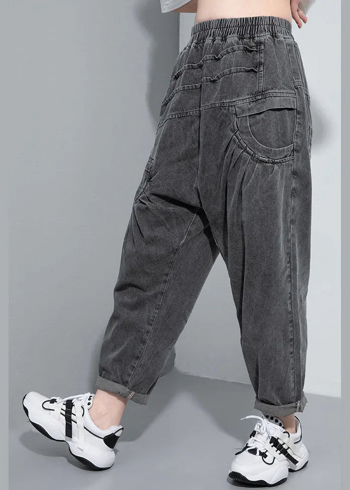 Handmade Black Elastic Waist Pockets Jean Pants Spring