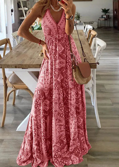 Green V Neck Print Holiday Long Spaghetti Strap Dress Sleeveless