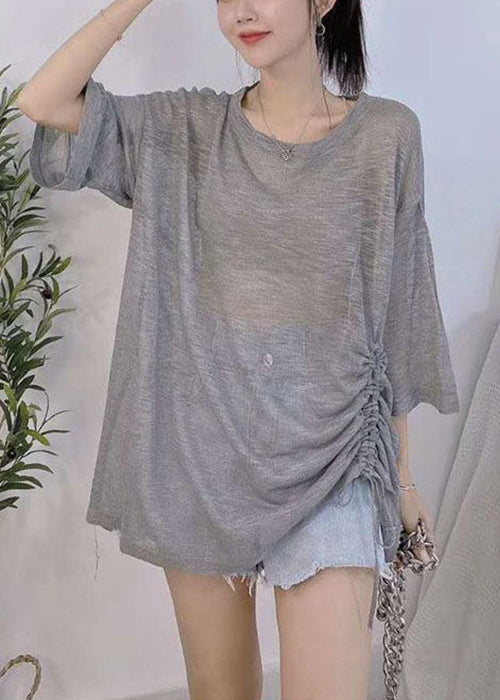 Light Grey O Neck Lace Up Ice Silk Knit T Shirt Summer