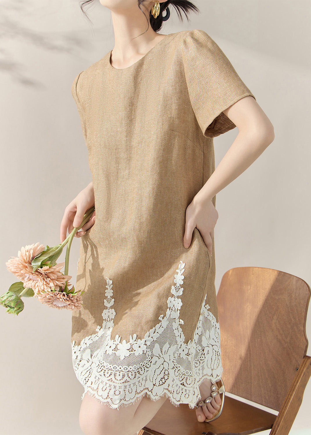 Classy Khaki O-neck Lace Patchwork Mid Dresses Summer