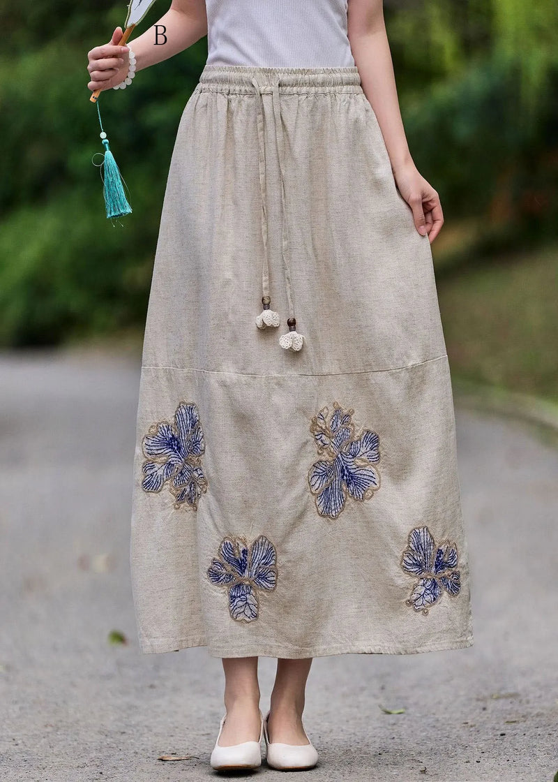 New Wrinkled Embroidered Patchwork Linen Skirt Summer