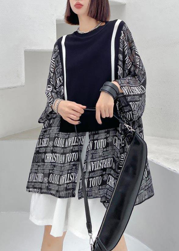 Black Patchwork Graphic Tie Waist Blouse Tops Summer