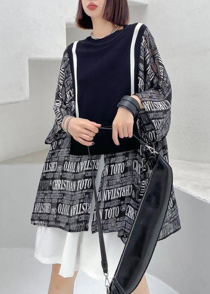 Black Patchwork Graphic Tie Waist Blouse Tops Summer