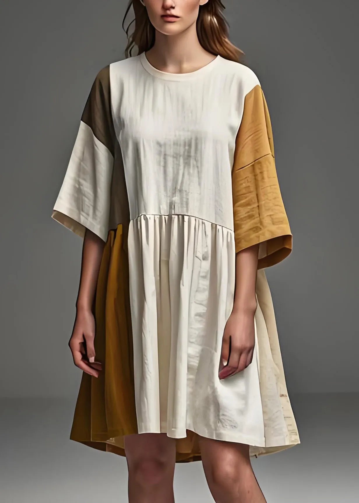 Diy Beige O Neck Wrinkled Patchwork Linen Dresses Summer