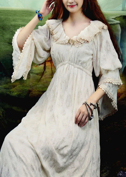 Beige Ruffled Silk Velour Long Dresses Puff Sleeve