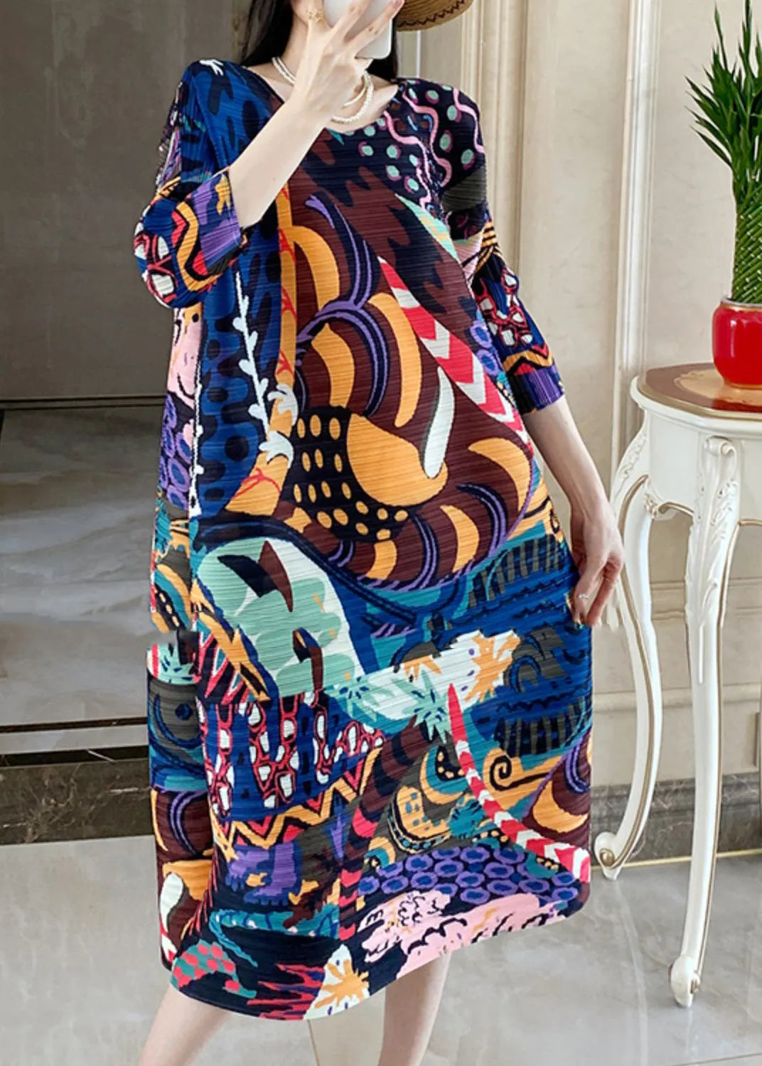 Blue Print Long Dress Bracelet Sleeve