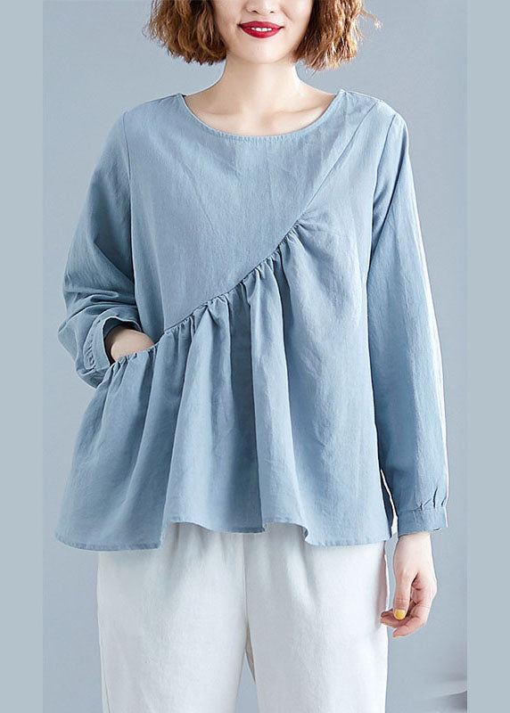 Loose Blue O-neck Pockets Patchwork Fall Long Sleeve Top