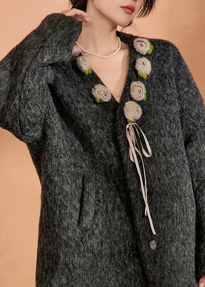 Black V Neck Pockets Woolen Coat Winter