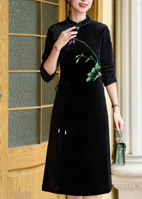 Black Print Tie Waist Silk Velour Vacation Long Dresses Long Sleeve
