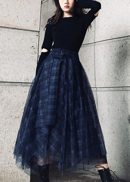 Style Blue Asymmetrical Design Plaid Tulle Skirt Spring