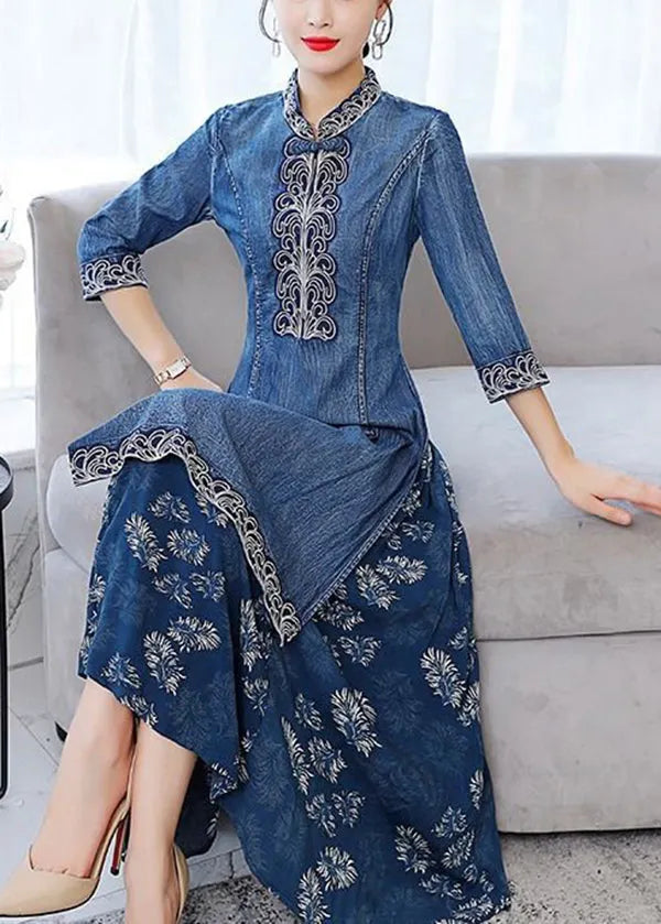 Blue Mandarin Collar Embroideried Patchwork Cotton Denim Fake Two Piece Dress Half Sleeve