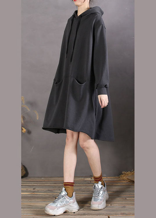 Black Hooded Patchwork Cotton Sweatshirts Spring Dress