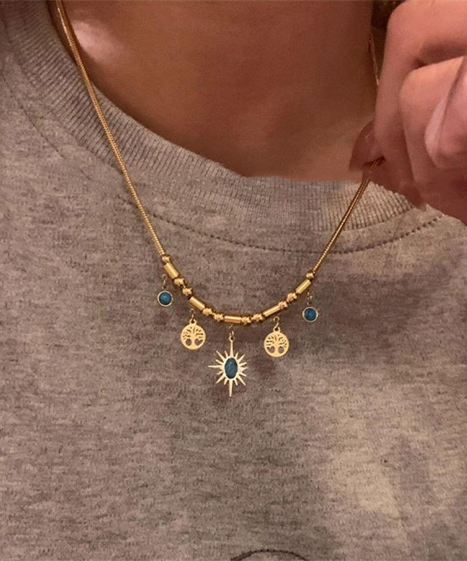 Gold Sterling Silver Overgild Turquoise Sunflower Tassel Pendant Necklace