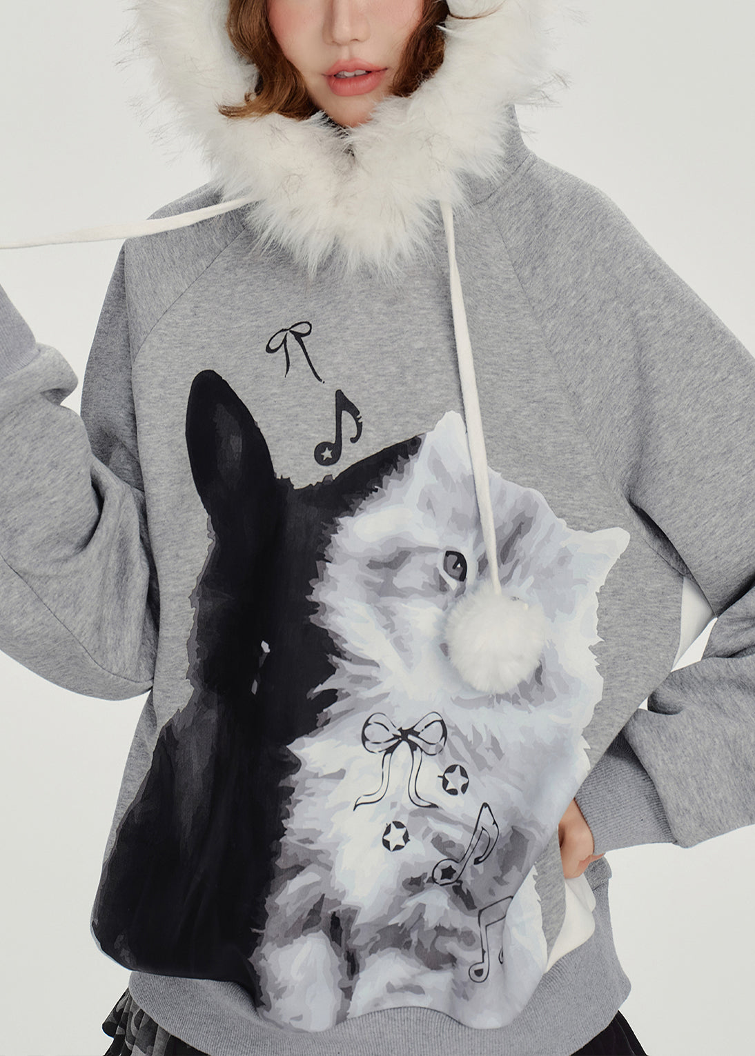 Italian Grey Hooded Print Cotton Pullover Winter