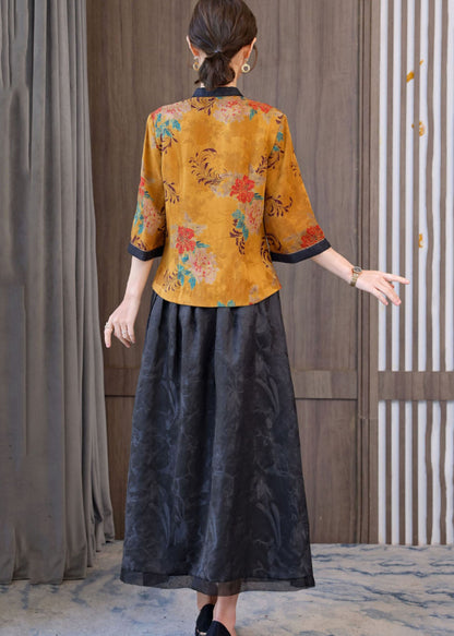 Retro Yellow Oriental Stand Collar Print Silk Tops and Skirts Two Pieces Set Half Sleeve