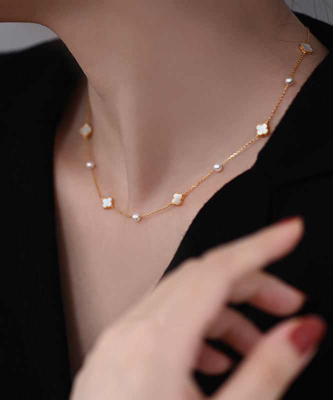 Four Leaf Clover Pearl Starlight Adjustable Gold Plated Choker