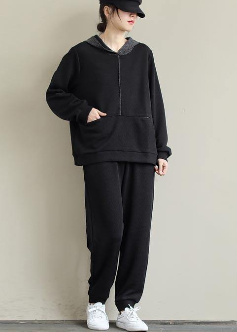 Loose Black Color Matching Hoodie and Elastic Pants Suit