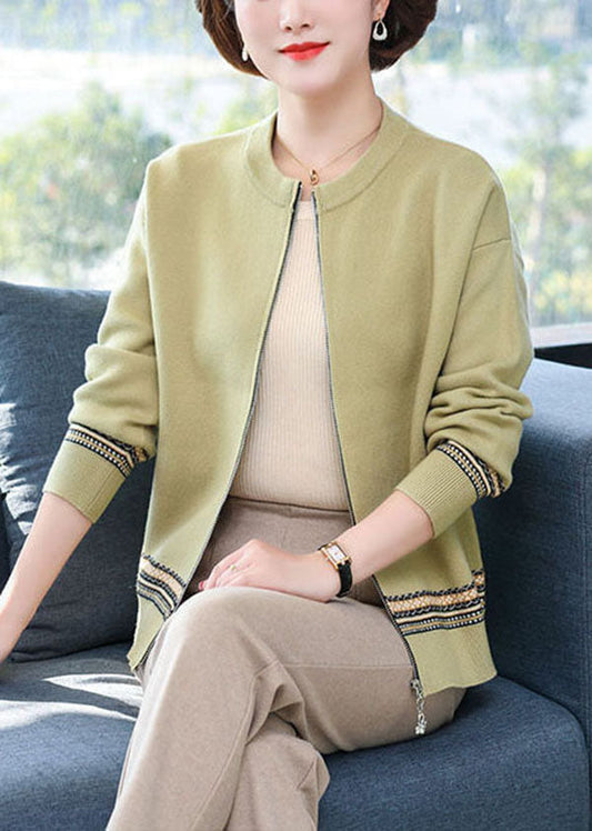 Green O-neck Zip Up Woolen Jackets Long Sleeve
