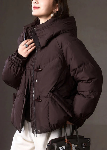 Brown Zippered Pockets Patchwork Hooded Down Coat Winter