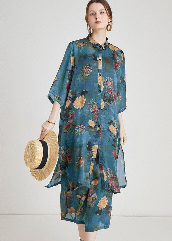 Blue Print Side Open Chiffon Two Pieces Set Summer