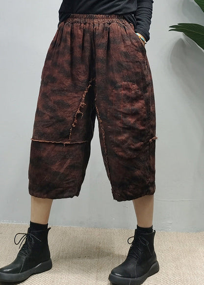 Retro Mulberry Elastic Waist Pockets Patchwork Linen Three Quarter Pants Spring