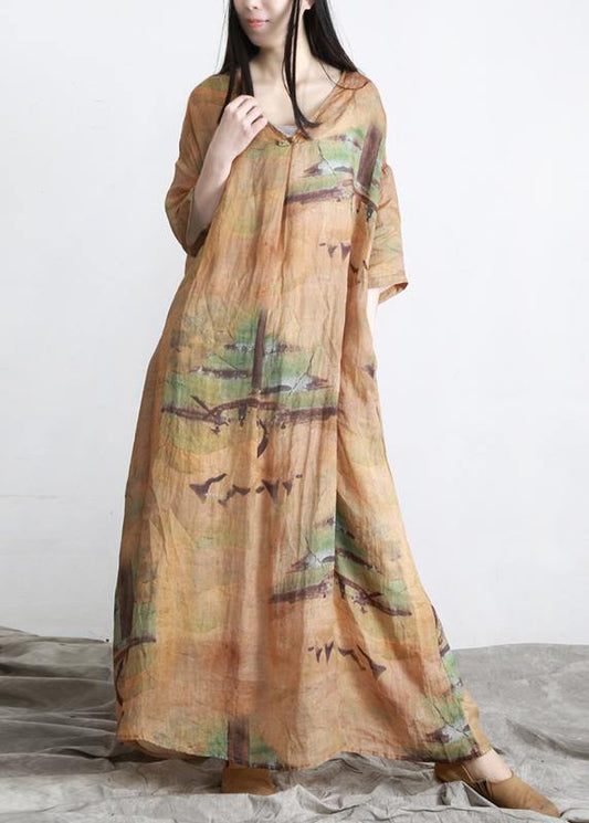 Diy Yellow Print Linen Oversize Summer Long Dress