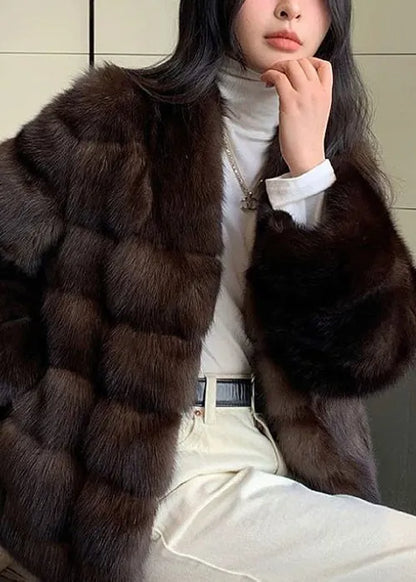 New Purple V Neck Pockets Leather and Fur Coat Winter