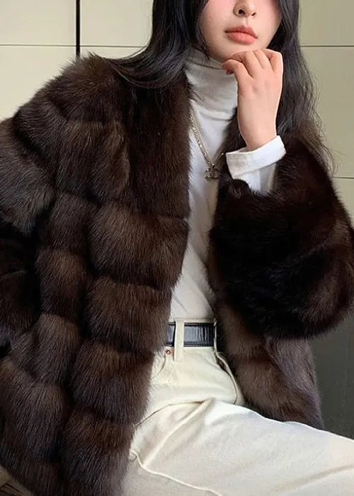 New Purple V Neck Pockets Leather and Fur Coat Winter